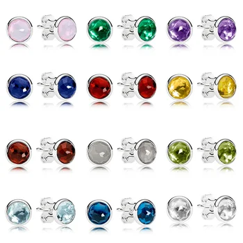 

12 Style 925 Sterling Silver Studs Earring Colourful Red Purple Blue Green Color Earrings For Women Jewelry