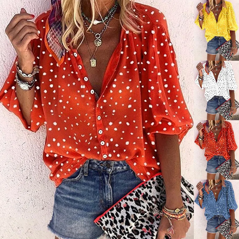 S-XXXXXL Women Autmn V Neck Single Breasted Three Points Sleeve Polka Dot Print Elegant Blouse |