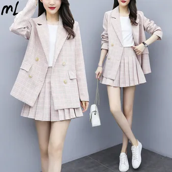 

Pink Plaid Suit Two-piece Set Korean Fashion Elegant Loose Casual Short Skirt Two-piece Net Red Niche Coat Blazer Mini Skirt Set