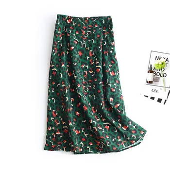 

2020 High Waist Summer Beach Leopard Print Long Skirt Fashion Women Ladies Green High Waist Split A-line Maxi Skirt Female