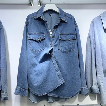 

Harajuku Jeans Shirt Jacket Ladies 2020 Spring New Lazy Wind Lapel Long Sleeve Denim Shirts Women's Loose Casual Blouse Jean Top