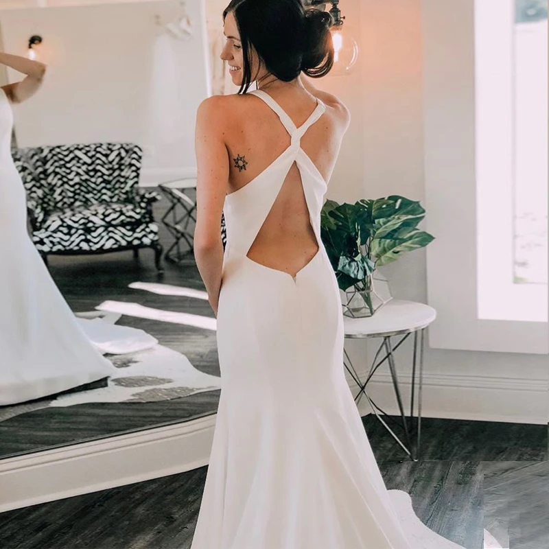 Простой Холтер шифон пляжные свадебные платья Boho недорогое свадебное платье плюс размер сексуальное платье для невесты без спинки на заказ