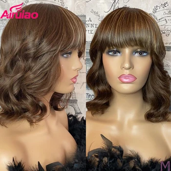 

Brazilian Highlight Colored Full Machine Made Wigs Human Hair Ombre Honey Blonde Loose Deep Wave Wig With Bang 130% Density Remy