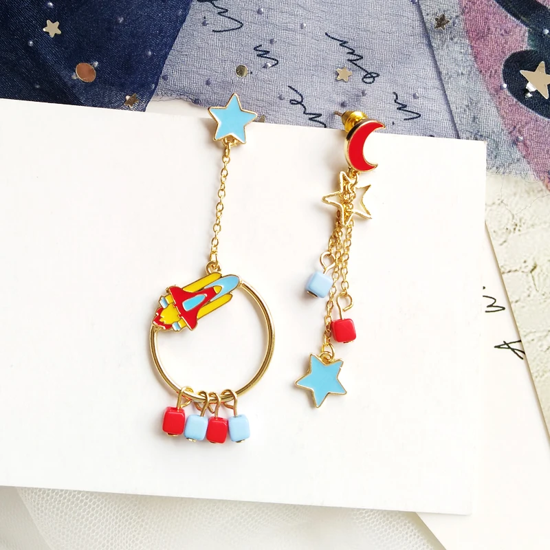 

Cartoon Cute Asymmetry Rocket Moon Star Round Square Tassel Pendant Drop Earrings For Girl Sweet Party Accessories For Gift