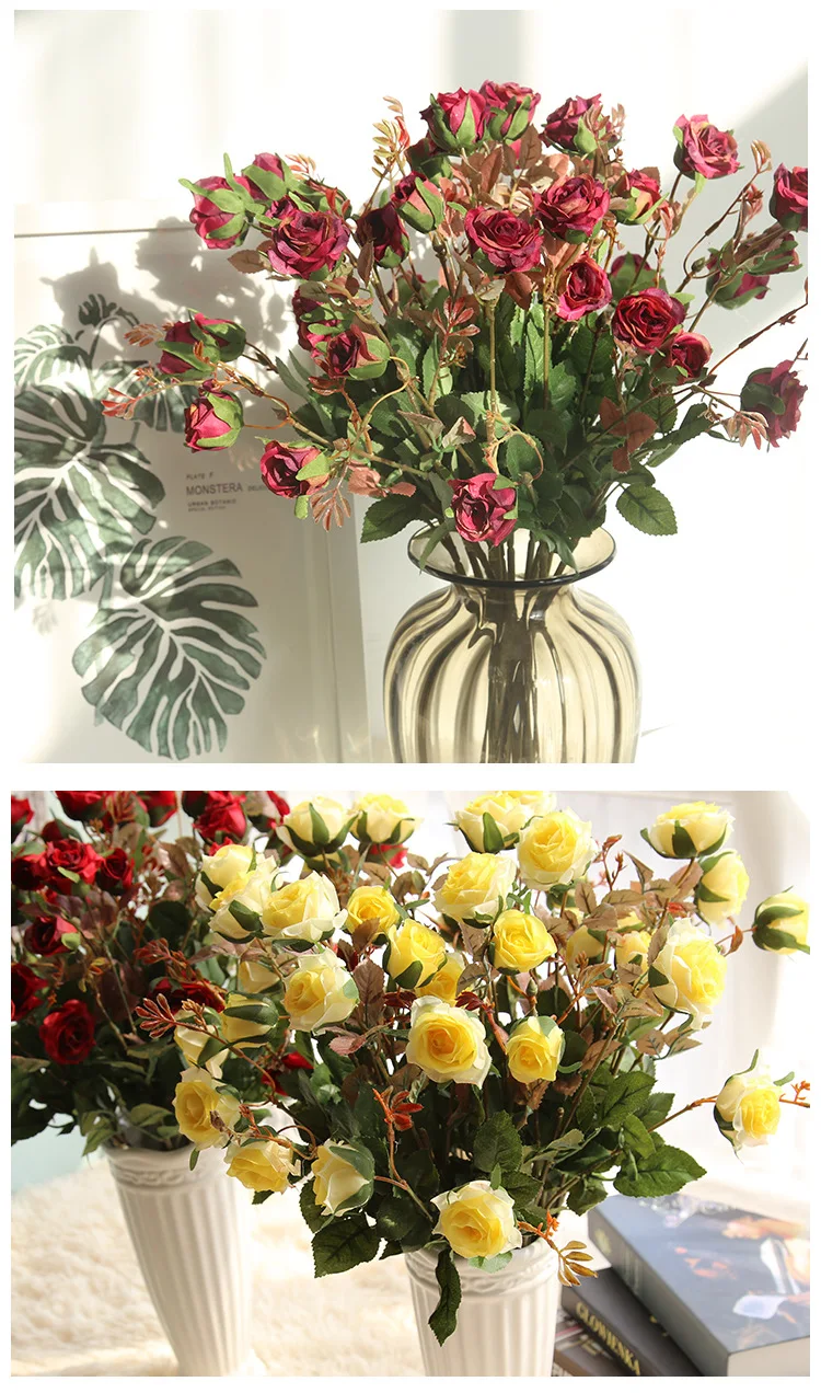 High Quality Three-Headed Rose Simulation Rose Fake Flower Home Furnishings Wedding Bouquets Christmas Decoration QW188 (8)