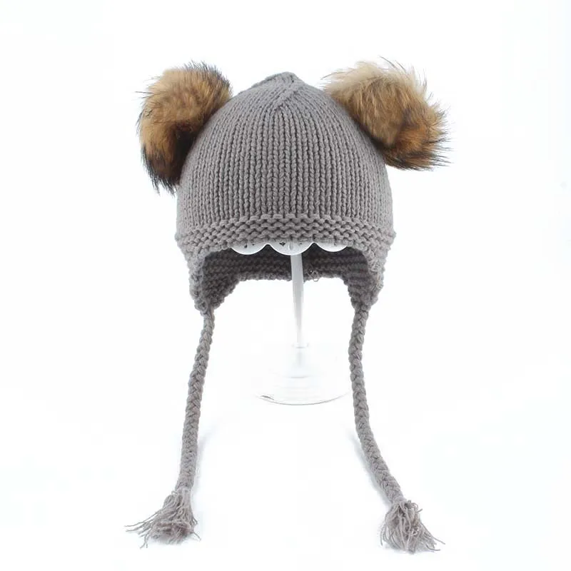 

Baby Winter Hat For Kids Ears Protection Ponytail Beanie Double Real Fur Pompom Hat Boys Girls Hat Children Knitted Cute Cap