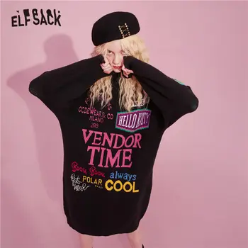 

ELFSACK Harajuku Letter Jacquard Knit Casual Dress Women,2020 Autumn ELF Vintage Full Sleeve Korean Style Ladeis,Daily Dresses