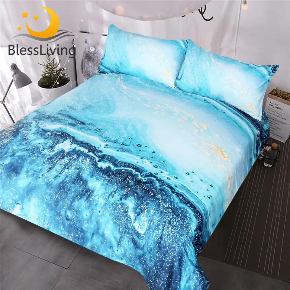 Blessliving Watercolor Bedding Set Golden And Blue Duvet Cover Set