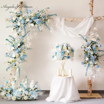 

Custom blue wedding arch decorative artificial flower row road set floral party stage backdrop fake flower wall arrangement ball