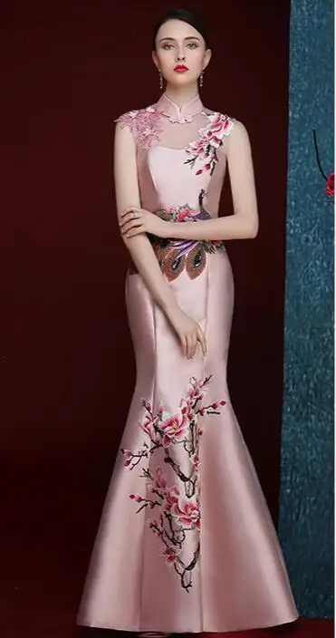 Черные модные китайский сексуальный Восточный вечерние женские Cheongsam шоу на сцене платье Qipao; элегантные туфли в стиле знаменитостей; для торжеств Платья De Festa - Цвет: pink