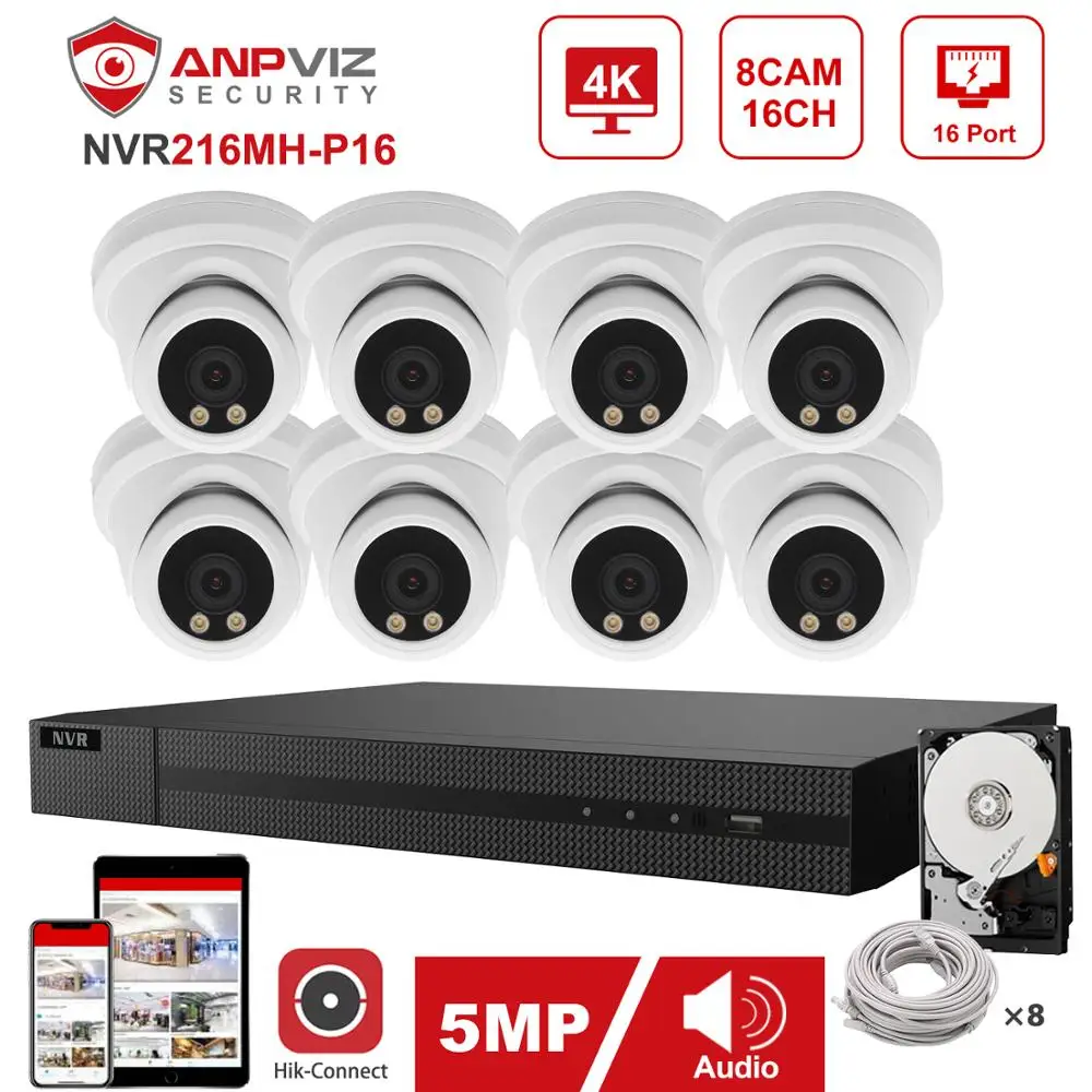 Hikvision OEM 16CH 4K NVR 8pcs Anpviz 5MP ColorVu POE IP Camera System внутренняя/наружная револьверная IP-камера