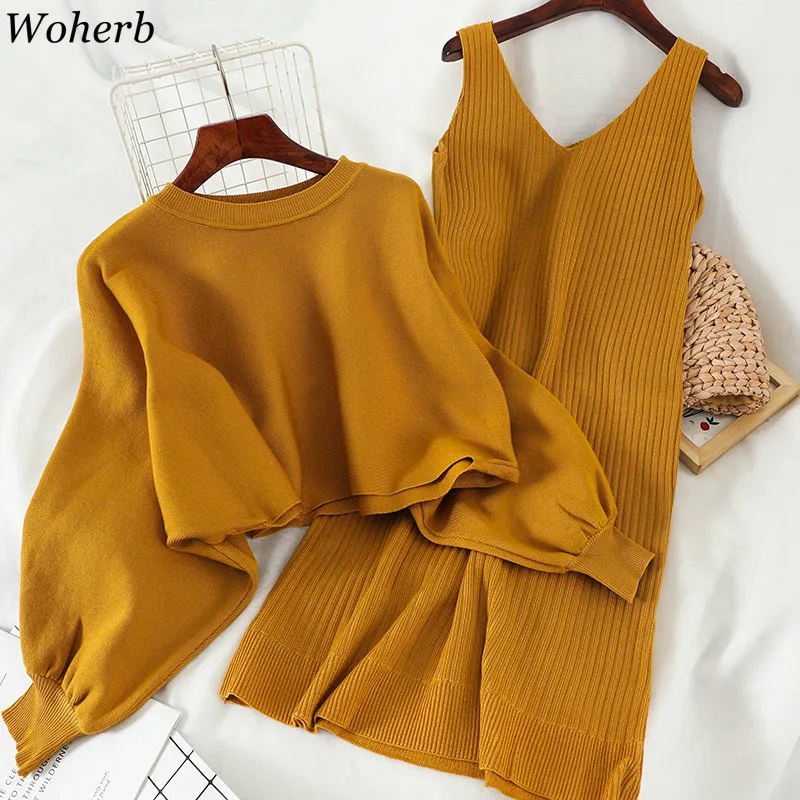 Woherb, винтажная Женская одежда из двух частей, рукав летучая мышь, пуловер, однотонный, бодикон, свитер, платье, корейская мода, новые вязаные наборы 91225