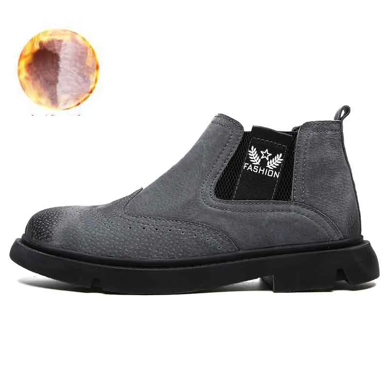 GRAY WITH FUR Мужские кожаные ботинки модные зимние теплые ботинки Мужская дышащая обувь со шнуровкой сохраняющая тепло мужская повседневная обувь Большие размеры 39-48 - Цвет: GRAY WITH FUR