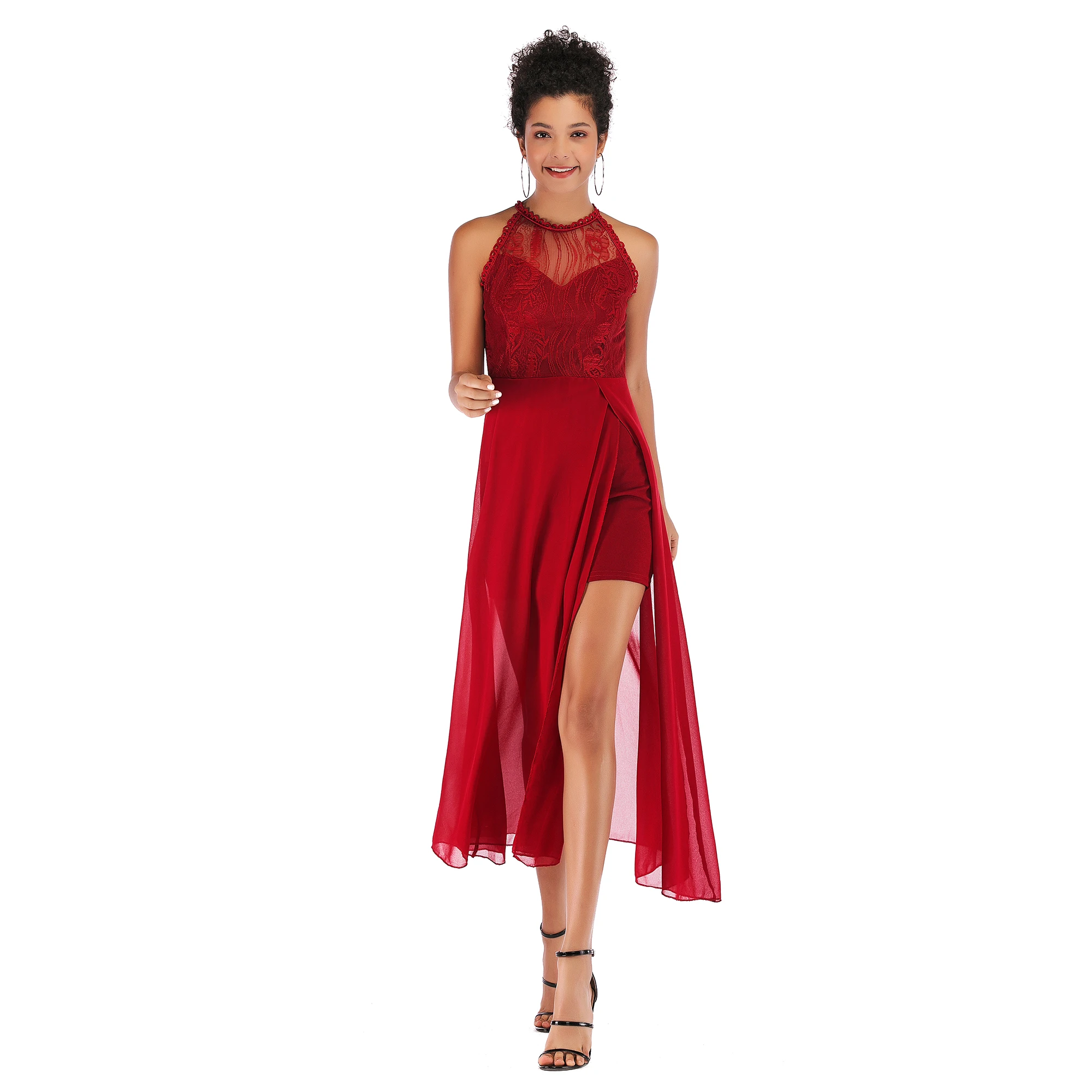 

Red color Sexy Split chiffon Maxi Dress Women Elegant Summer Solid Halter Off Shoulder Long Dresses Form Party Vestido De Festa