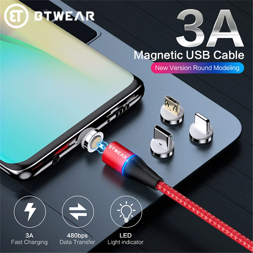 Магнитный зарядный usb-кабель BTwear 3.3 фута/1 м с разъемами Micro USB Type-C для IOS 3 в 1