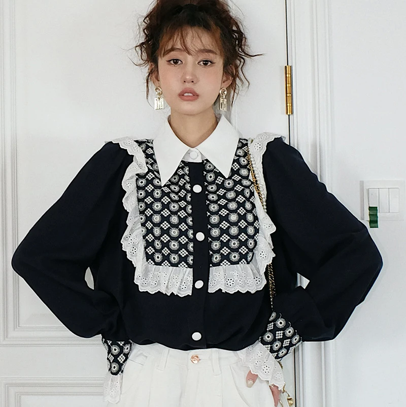 [EAM] Women Dark Blue Ruffles Big Size Blouse New