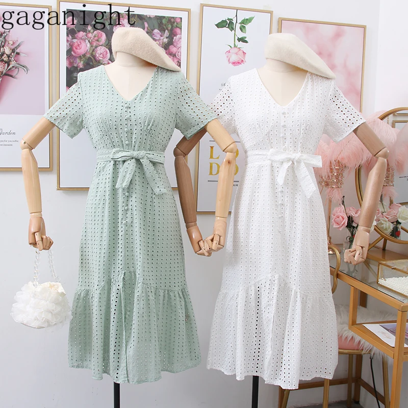 

Gaganight Summer Fashion Women Long Dress Short Sleeve V Neck Ruffles Sash Solid Party Dresses Female Chic 2020 New Vestidos