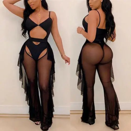 New Sexy Women Spaghetti Strap Solid Bodysuit Playsuit+ Ruffled Mesh Pants Swimsuit Set Female Summer Beach Set Outfits