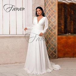 Simpel Deep V-Neck Chiffon Wedding Dresses Backless Long Sleeve Pleat Sweep Train Bridal Gown vestidos de novia robe de mariée