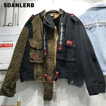

Personalized Leopard Denim Jacket Female Spring 2020 New Stand Collar Zipper Loose-Fit Leopard Lettering Jeans Jacket Ropa Mujer