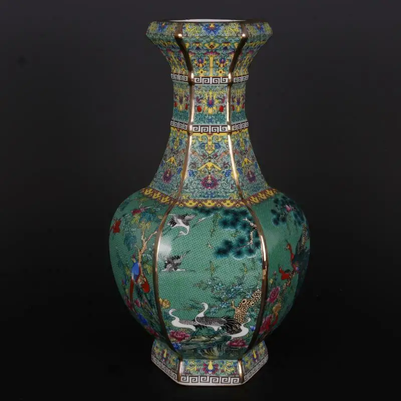 10 inch Chinese Colour Enamels Porcelain Vase Gild Flower Bird Six Sides Design