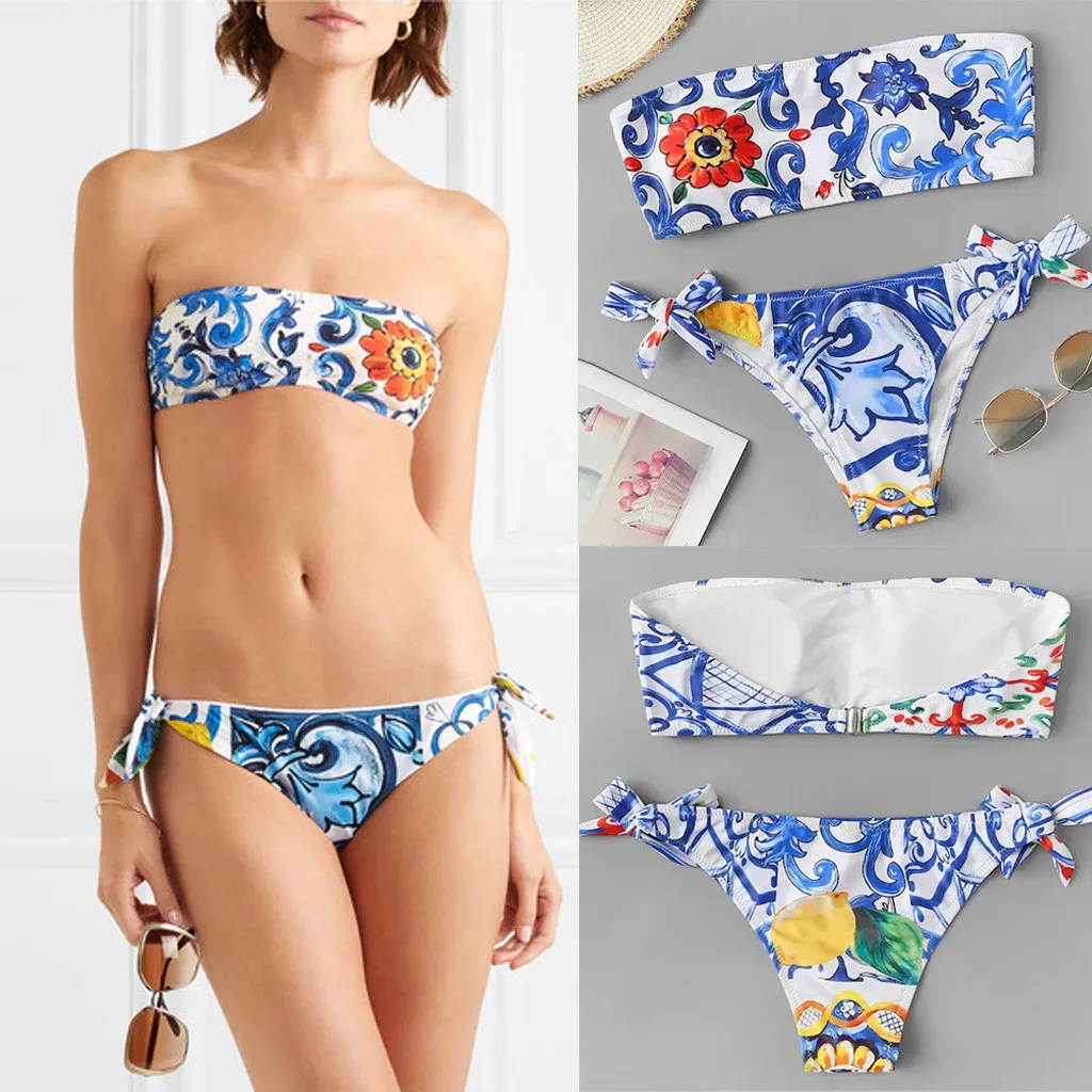 

Women Flower Printing Bandage Bikini Push-Up Pad Swimwear Swimsuit Beachwear Set 2020 hot new products Spot supplier Dropshippin