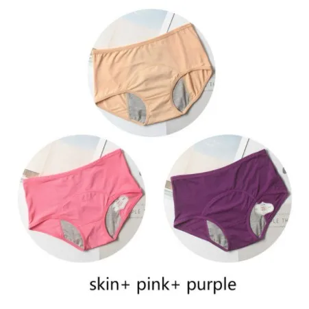 Женское нижнее белье, хлопковые водонепроницаемые Трусики с высокой талией для женщин, 3 шт., герметичные, менструальные трусики, физиологические штаны - Цвет: Skin Pink Purple