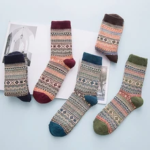5 пар, для взрослых, дышащие, средней длины, теплые, зимние, из искусственной шерсти, с цветочным рисунком, теплые, рождественские, ретро, мягкие, полосатые, Осенние
