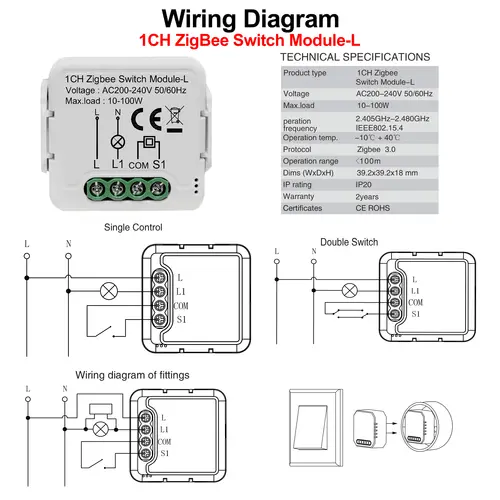 GIRIER Tuya ZigBee 3.0 Smart Light Switch Module No Neutral Wire Required Works with Alexa Google Home Support 2 Way Control - Image 2