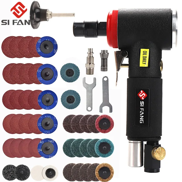Mini 1/4 inch Air Angle Die Grinder 90 Degree Pneumatic Grinding Machine Cut Off Polisher Mill Engraving Tool Set 20000RPM 47Pcs Black Set
