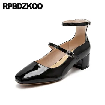 

square toe wine red size 33 genuine leather ladies mary janes women shoes black chunky ankle strap medium heels pumps patent