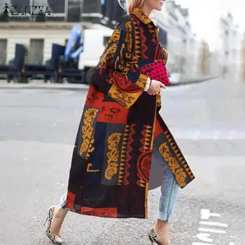 

2020 ZANZEA Vintage Printed Cardigan Women's Casual Open Front Outwears Female Jackets Lapel Neck Long Sleeve Shirt Thin Coats