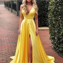 Желтое платье с разрезом для официальных вечеринок, длинное женское платье для выпускного вечера, атласное платье на тонких бретелях с v-образным вырезом для девушек, вечерние платья, vestido de festa