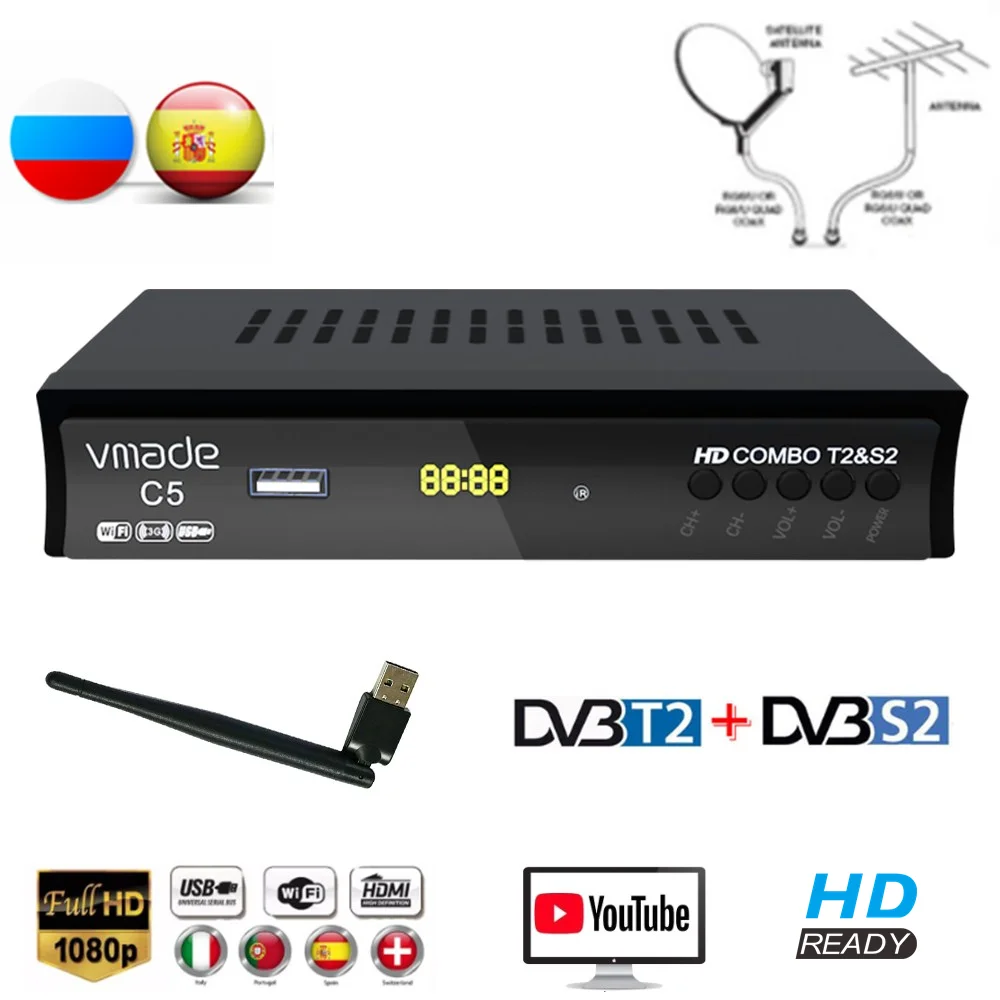 Vmade HD цифровой DVB T2 S2 комбо спутниковый наземный ТВ тюнер H.264 MPEG 2/4 Поддержка Youtube