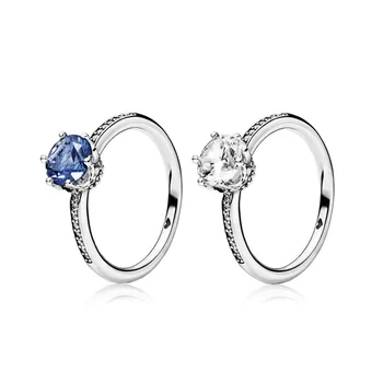 

Original 925 Sterling Silver Ring Blue Sparkling Crown Rings With Crystal For Women Wedding Party Gift Fashion Jewelry