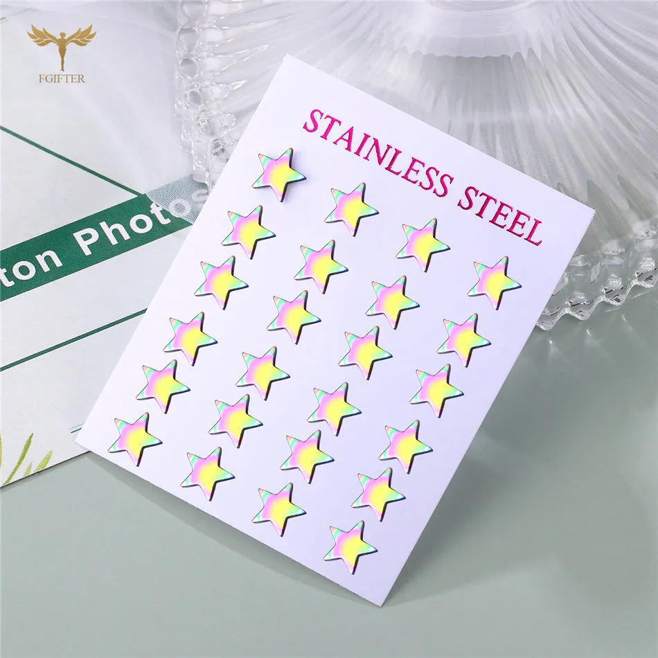 12 Pairs Pack Rainbow Colorful Star Earrings Wholesale Stainless Steel Jewelry Minimalist Geometric Ear Piercing Studs Accessory 2