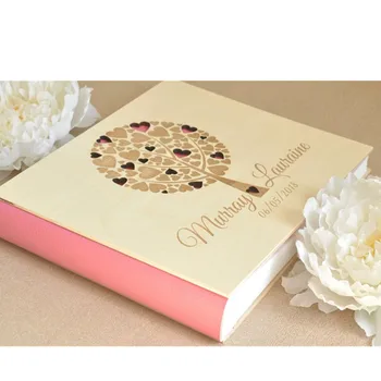 

Personalized Wedding Guestbook Horizontal Pink Family Photoalbum and Tree Hearts Wooden Rustic Birthday Keepsake Book booth