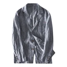 KLV мужской костюм, куртка, пиджак, мужская Тонкая льняная смесь, карман в полоску, костюмы с длинными рукавами, Блейзер, пиджак, верхняя одежда, D4