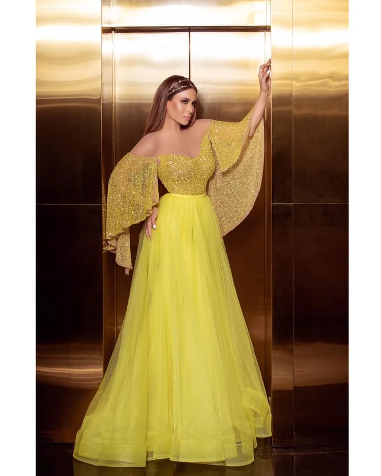 Блестящие желтые тюлевые платья для выпускного вечера с рукавами с запахом, бисероплетением и пайетками, с открытыми плечами, вечернее платье, официальная праздничная одежда, одежда для приема