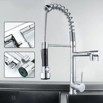 

Chrome Brass Basin Kitchen Faucet Vessel Sink Mixer Tap Spring Dual Swivel Spouts Sink Mixer Bathroom Faucets Hot Cold