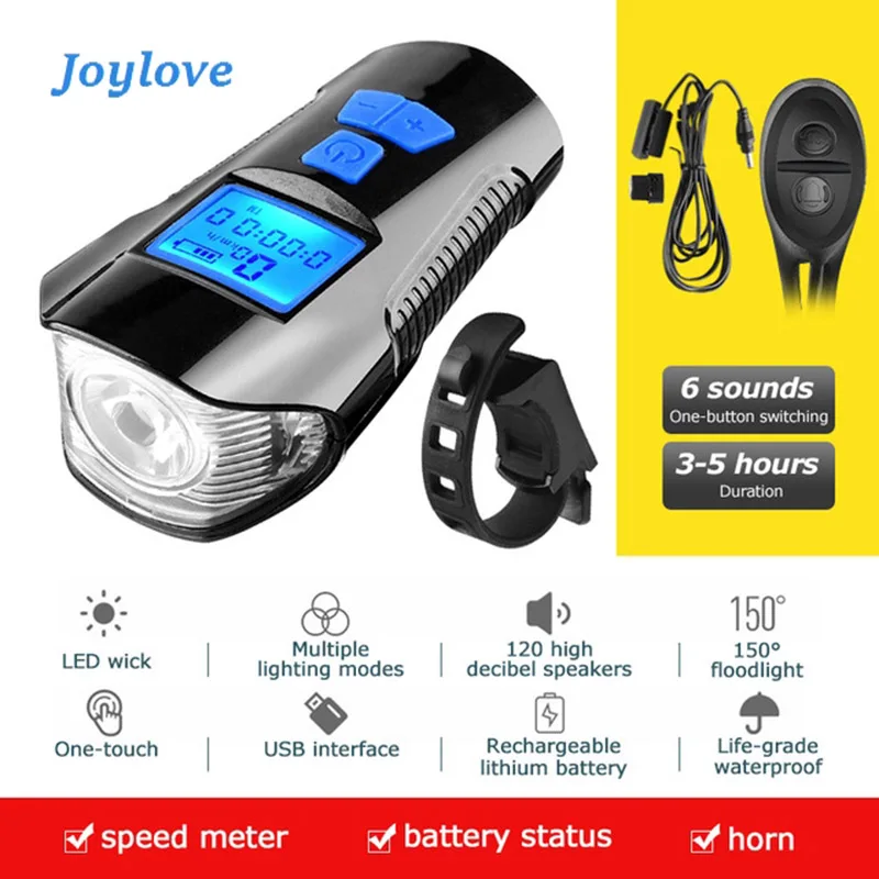 

JOYLOVE Waterproof Bicycle Light USB Charging Bike Front Light Flashlight Handlebar Cycling Head w/ Horn Speed Meter LCD Screen