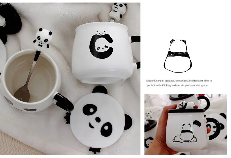 Panda Mug Coffee Breakfast Cup Large Capacity Water Glass Milk Cup Creative Cartoon Ceramic Cup with Lid with Spoon Coffee Cup
