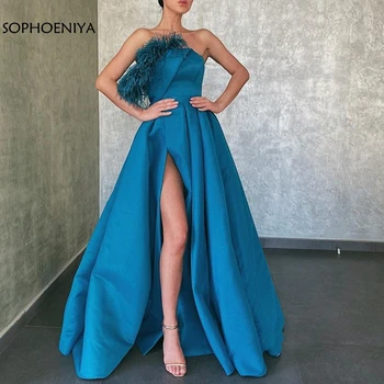 

New A-Line Blue Evening Dresses With Feathers Floor-Length Sexy High Split Formal Evening Dress Party