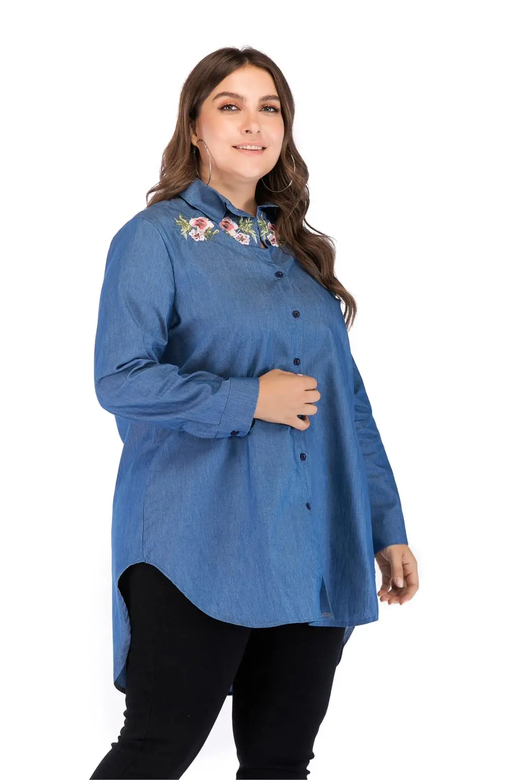 Большие размеры 4XL 5XL Женская джинсовая рубашка осенняя синяя джинсовая рубашка с длинными рукавами и вышивкой Большие размеры свободная Асимметричная Длинная блузка Рубашки