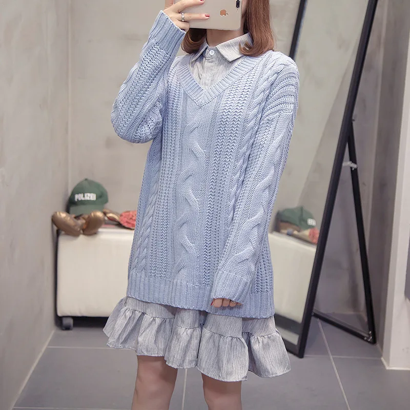 

2019 Autumn And Winter New Style Korean-style Large Size Women's Chubby Sister Loose-Fit V Neck Sweater + Slimming Dress Two-Pie