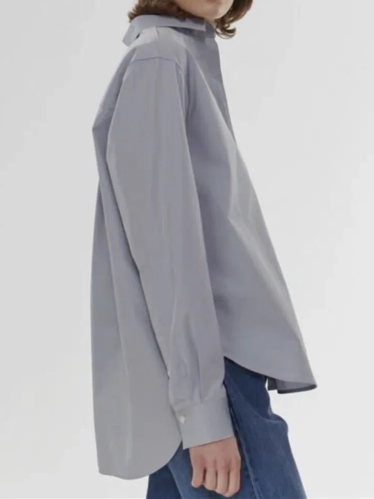 Women Cotton OL Blouse Turn-Down Collar Long