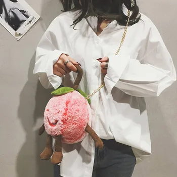

2019 Women Fashion Bag Cute Concise Peach Shape Chain Girls Bag Plush Crossbody Shoulder Pink Bag