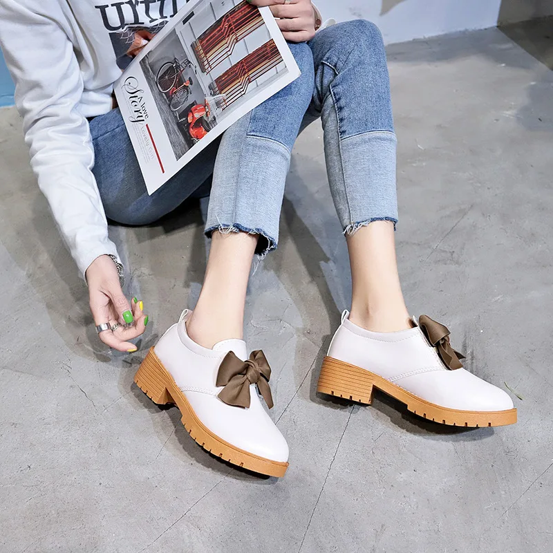 Весенне-осенние женские туфли на толстом каблуке; Zapatos de mujer; модные однотонные тонкие туфли; повседневные туфли-оксфорды с бантом