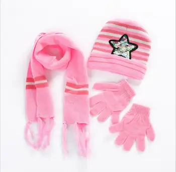 

2020 Newly Sequins Pentagram Design Cute Kids Baby Hat Set Casual Star Printed Slouchy Beanies Skullies+ Scarf +Glove 3pcs Set