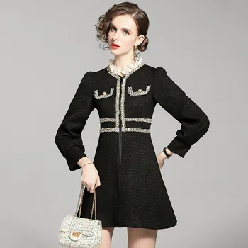 

Women Dress Office Lady 2020 Autumn Fashion Lace Patchwork Stand Collar Long sleeve Slim A Line Dress Above The Knees